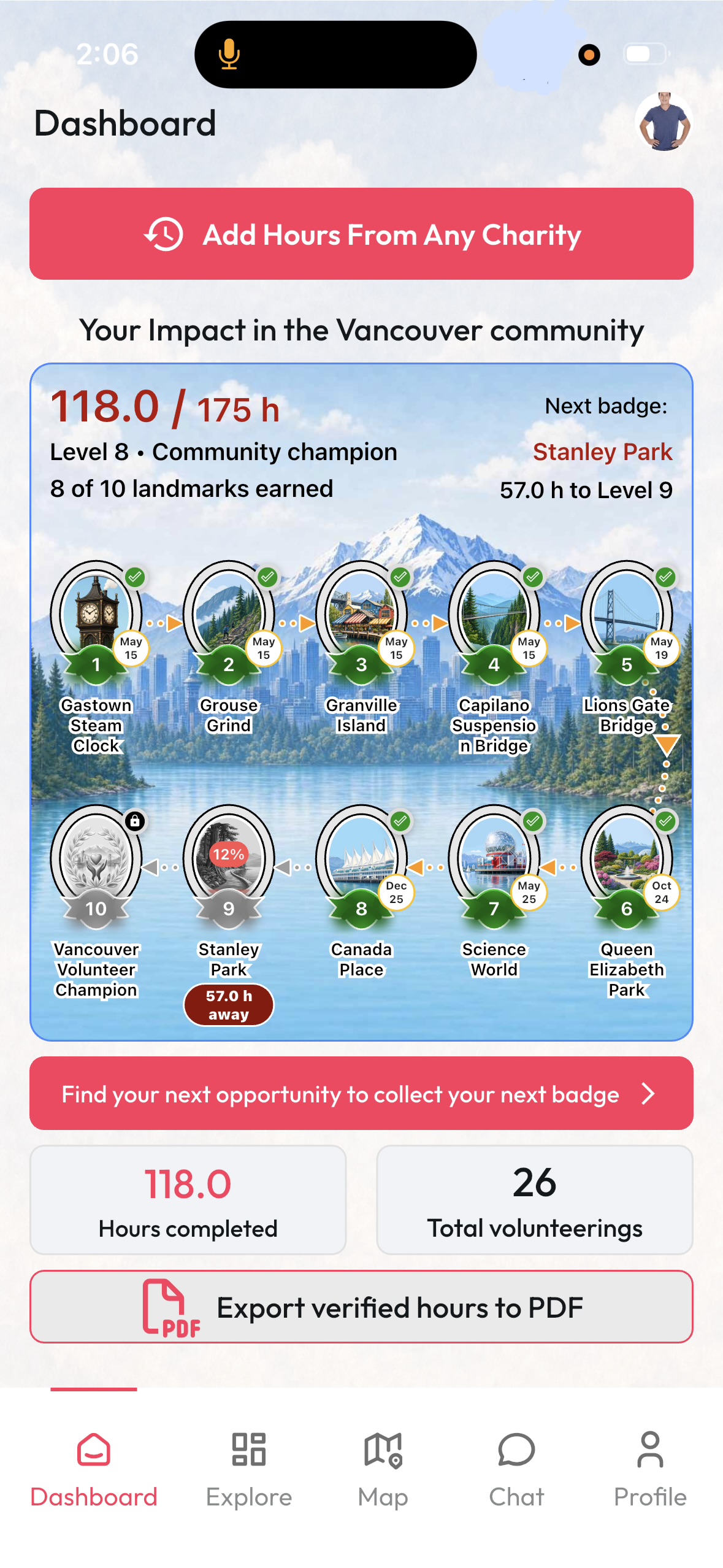 Volunteer Corner app showing volunteer hours, badges, and local impact