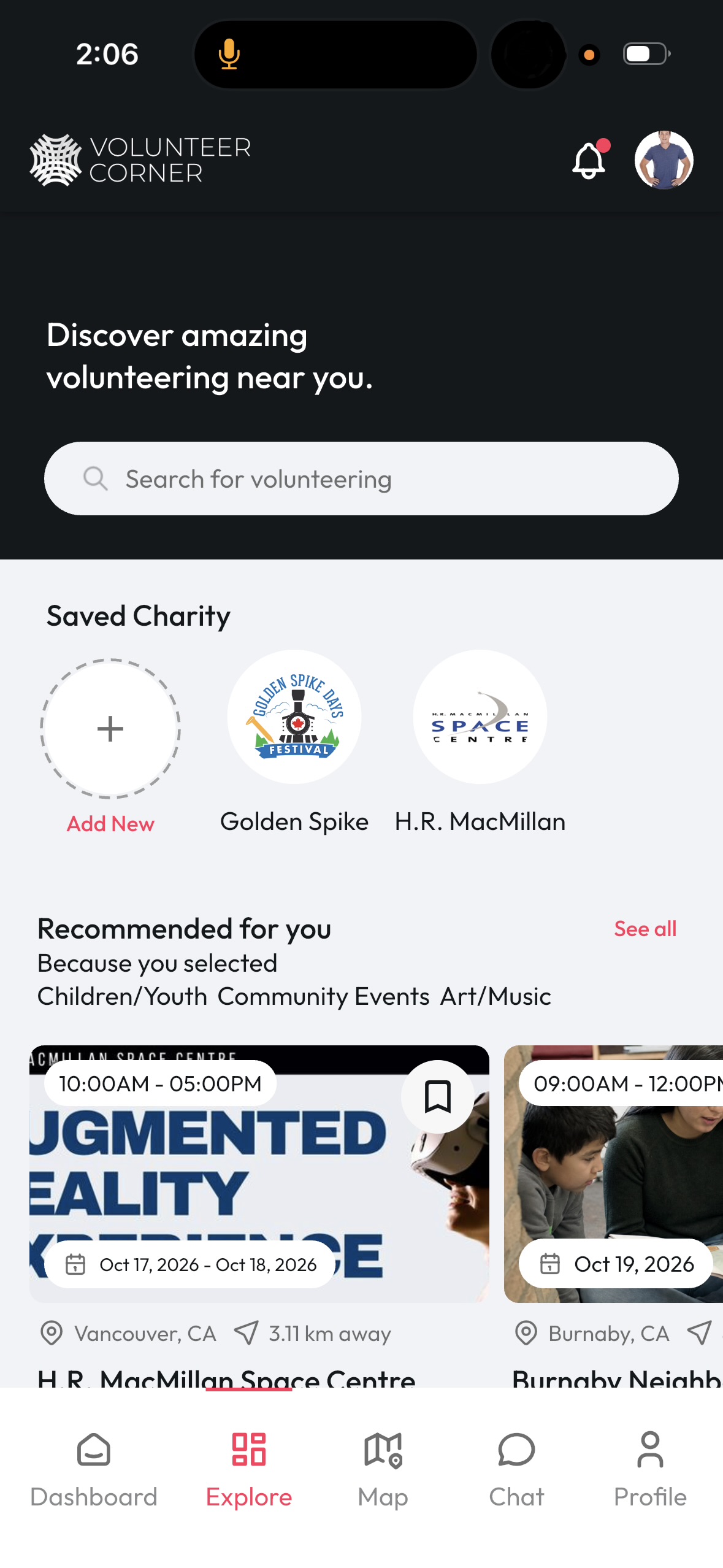 Volunteer Corner explore screen with nearby volunteer opportunities