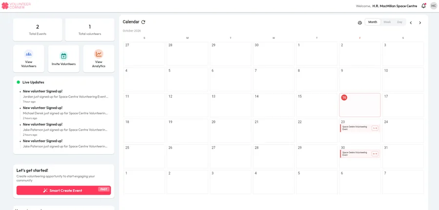 Volunteer Corner charity dashboard calendar and volunteer management tools