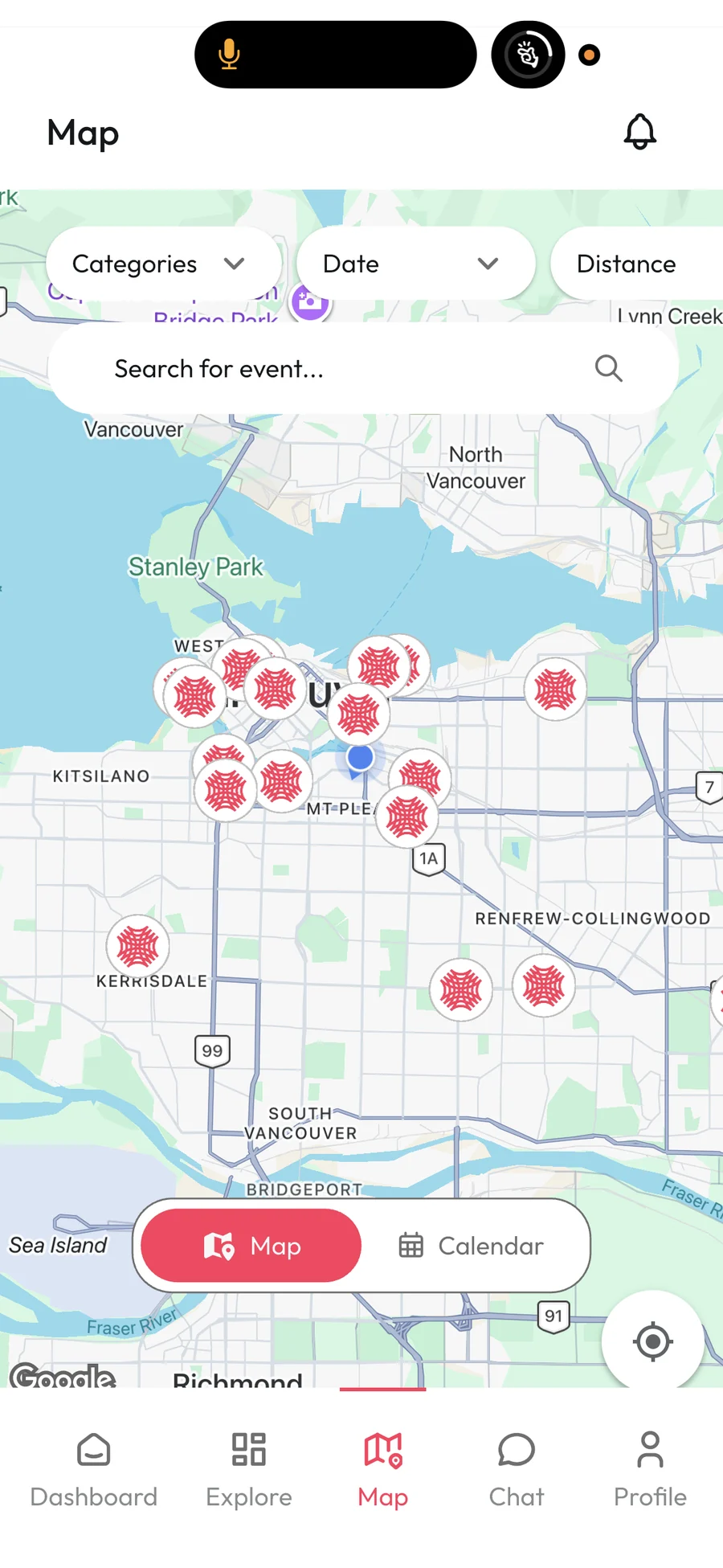 Volunteer Corner app map with volunteering opportunities around Vancouver